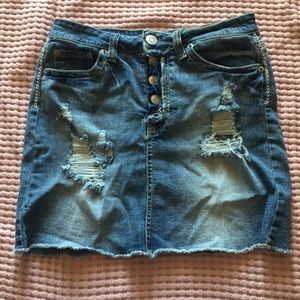 blue jean ripped mini skirt